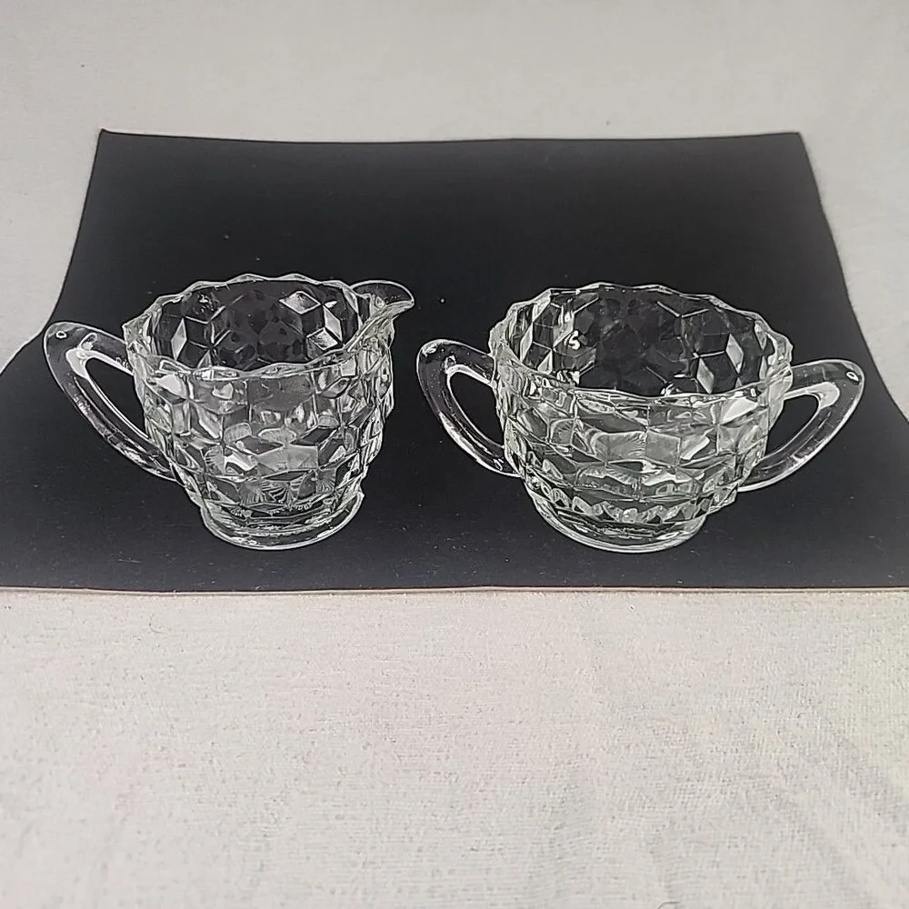 Cream & Sugar Bowl Glass Geometric Pattern Scalloped Rims Sunburst Bottoms VTG